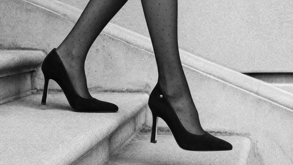 black suede pumps with a narrow heel, walking down the stairs with ease.